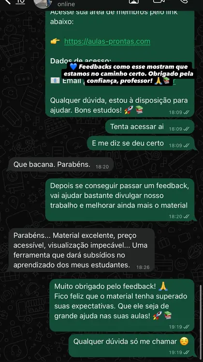 Mensagem de professor sobre o material, depoimento 1